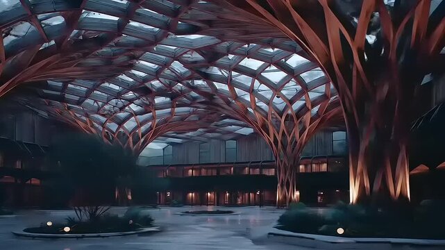 Magnificent Architecture: Immersive view of a glass-covered atrium supported by tree-like wooden structures and garden elements