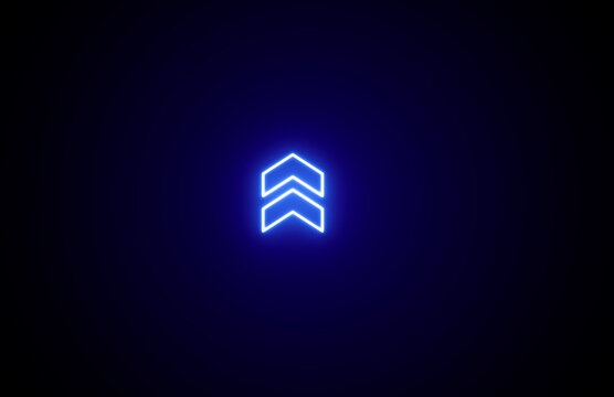 Neon glowing blue color arrow icon on black background. Glowing signpost. Neon Directional arrow on background.