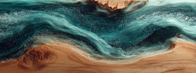 Fototapeta premium Stunning Wooden Surface with Frozen Waves of Liquid Resin Captured in a Coastal Inspired Design