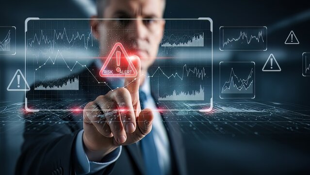 Businessman points at critical digital alert on a futuristic screen, highlighting urgent cybersecurity and proactive risk management strategies