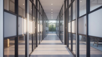 Long corridor with glass railings and distant exit in modern architectural building