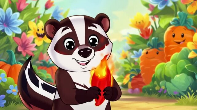 Cartoon badger holding fire outdoors.