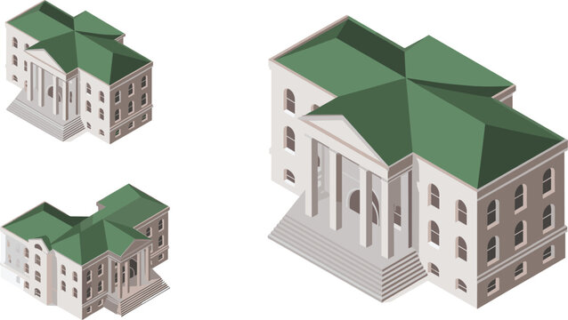 Isometric classical government building architecture set, courthouse or museum with columns historic civic institution neoclassical city landmark illustration