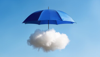 A blue umbrella is suspended in the air over a white cloud under a bright sky. The scene shows a contrast between the blue of the umbrella and the white of the cloud.
