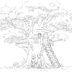 Fototapeta premium Children standing in front of treehouse in tree
