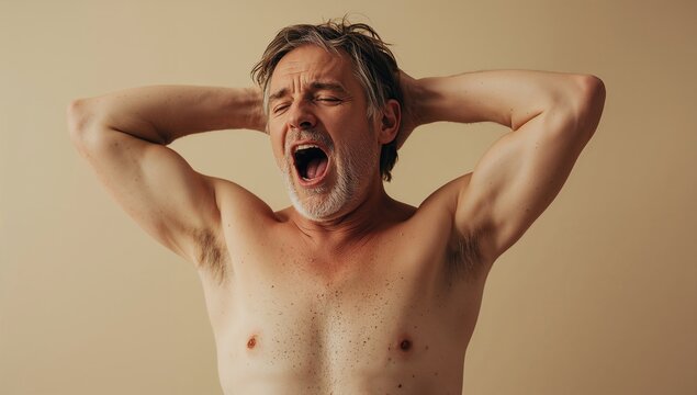 Yawning middle-aged man raising arms behind head at beige wall, showing shirtless freckled chest