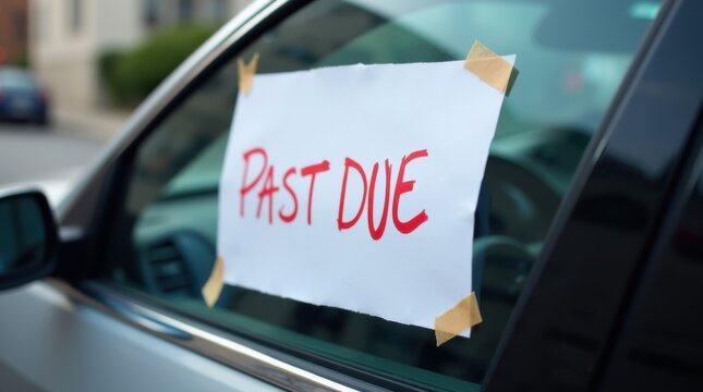 Auto loan delinquency notice on vehicle car repossession process urban environment close-up viewpoint financial consequences 
