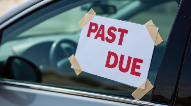 Auto loan delinquency notice on vehicle car repossession process urban environment close-up viewpoint financial consequences 
