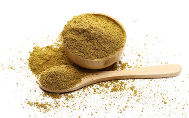 Garam masala ground in wooden spoon and bamboo bowl isolated on white, side view (cardamom, coriander, black pepper, fennel, fenugreek, turmeric, bay leaf, cloves, anise, nutmeg, cinnamon, ginger)