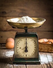 Vintage Kitchen Scale Weighing Flour with Eggs in Background.