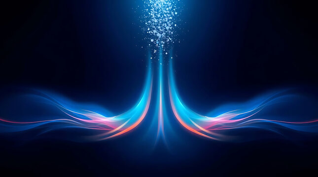 Abstract blue and pink light trails converging into a stream of glowing particles on a dark background, representing data flow, energy, or digital communication