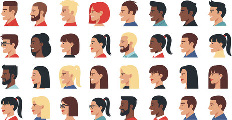Diverse People Profile Avatars Set Male and Female Side View Characters Flat Vector Illustration © MDBELAL