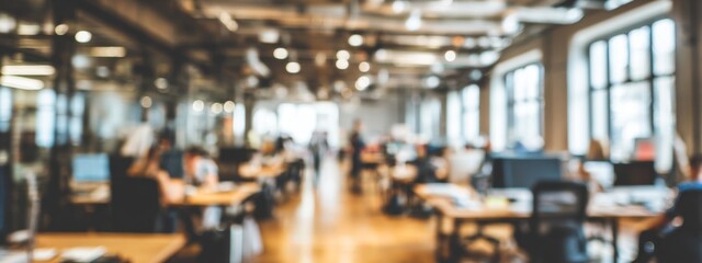 Fototapeta premium Collaborative Office Workspace with Blurred Focus on Employees Engaged in Teamwork and Innovation