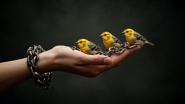 Chains on Hands Transforming into Flying Peace Birds Freedom and Liberation Concept