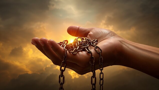 Chains on Hands Transforming into Flying Peace Birds Freedom and Liberation Concept