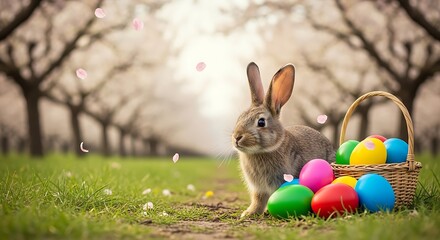 Obraz premium Easter sunday celebration with bunny and colorful eggs