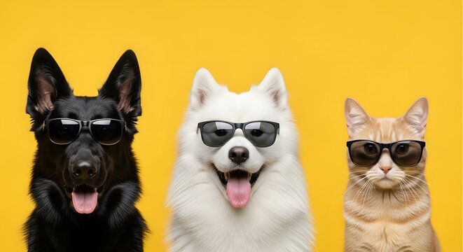 Three cool pets wearing sunglasses on yellow background