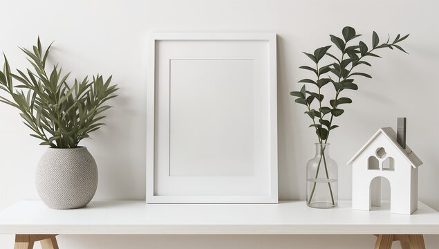 Empty White Picture Frame on Wooden Table with Minimalist Small House Model