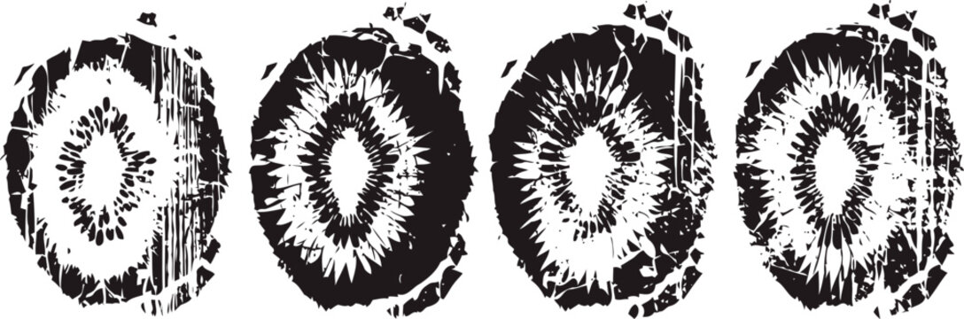 four rustic black and white tree trunk cross sections with visible growth rings and textured bark