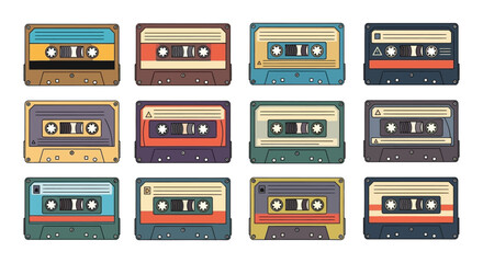 Colorful collection of vintage cassette tapes arranged in a grid pattern