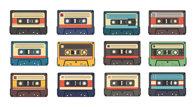 Colorful collection of vintage cassette tapes arranged in a grid pattern
