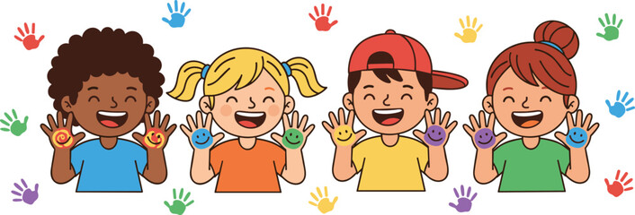 Happy cartoon children with colorful handprints, smiling faces, and playful creativity illustration representing friendship, teamwork, diversity, fun art activity, and kids educational design © Rehena