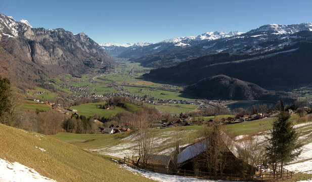 View into the Seez valley from Walenstadtberg, Swiss Alps