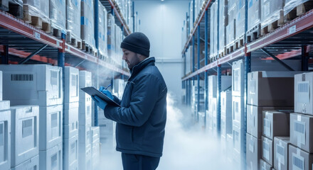 Fototapeta premium Man checking inventory in cold storage warehouse. Distribution center freezing room worker concept for logistics and supply chain.