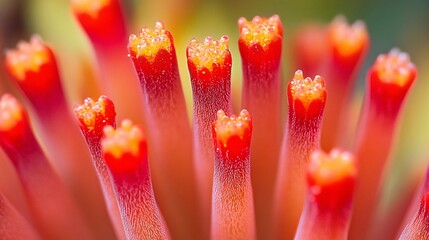 Fototapeta premium Vibrant red coral fingers close up with yellow tips and blurred green background