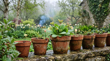 Terracotta Pots on Stone Ledge in Spring Garden