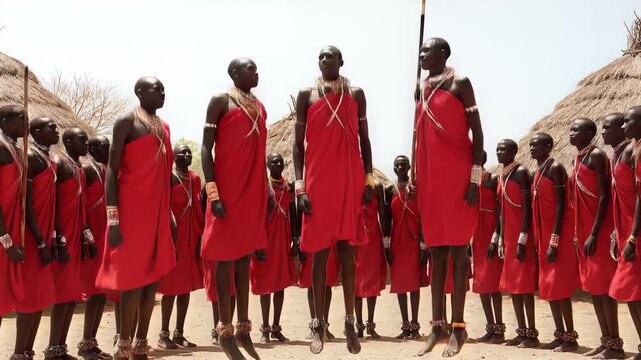 Maasai Warriors Performing Traditional Jumping Dance in Village