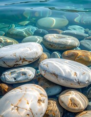 Fototapeta premium Sunlit Stones - A Glimpse into the Clear Depths of a Riverbed.