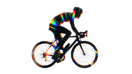 Obraz premium Colorful Silhouette Cyclist Riding Bicycle with Rainbow Prismatic Light Effects