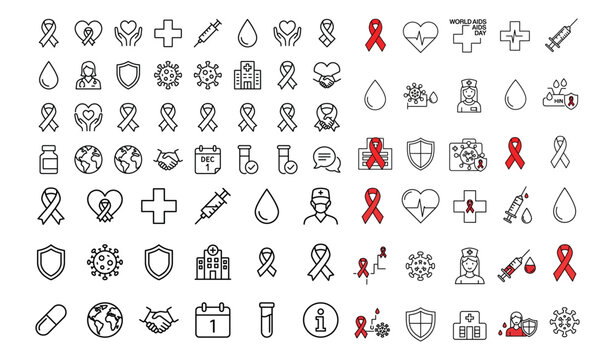 World AIDS Day Outline Icon Set HIV Awareness Red Ribbon Healthcare Vector_26