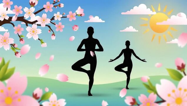 Two women practicing yoga outdoors under a cherry blossom tree.