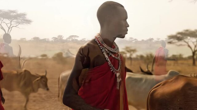 Maasai Herder Leading Cattle Across the African Savanna