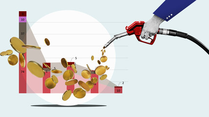 Rising fuel prices, rising oil prices, rising global oil prices for raw energy, oil crisis, gold coins as a symbol of wasting money when refueling a car.
