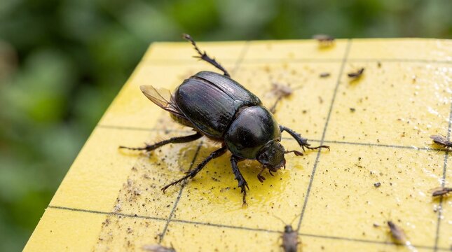 Beetle trapped on yellow sticky garden insect trap  