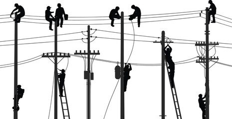 Silhouettes of workers maintaining electrical power lines on utility poles with ladders and tools © Frd Art