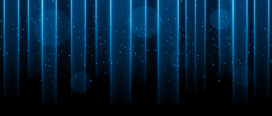 White vertical light curtain composition. Multiple glowing columns descending from top, scattered light dots, soft circular bokeh, dark backdrop, luminous haze atmosphere, abstract stage illumination.