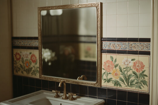 Vintage bathroom vanity with gold faucet and decorative floral tiles on wall