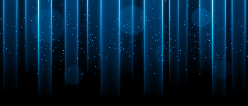 White vertical light curtain composition. Multiple glowing columns descending from top, scattered light dots, soft circular bokeh, dark backdrop, luminous haze atmosphere, abstract stage illumination.