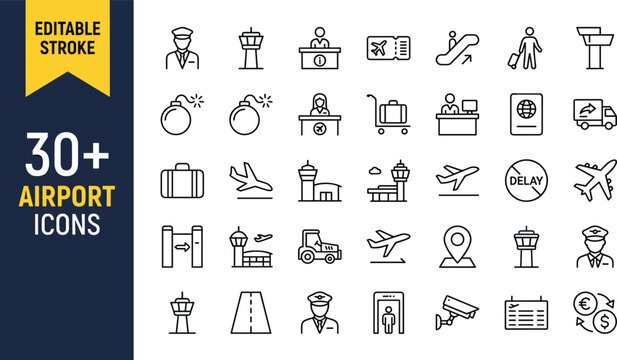 Airport terminal icon set featuring pilot characters control tower security scanner flight schedule passport and various aviation symbols.