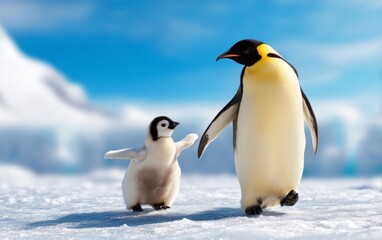 Researcher Guiding Penguin Chick in Icy Environment