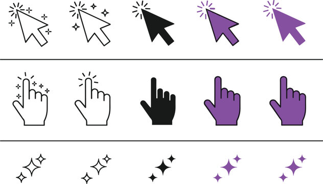 Cursor and hand click icons set, arrow pointer, finger gesture, sparkle effect, computer interface design, digital technology vector, user interaction illustration