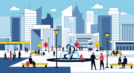 Modern city square with people, fountain and skyscrapers in flat design style © Irman