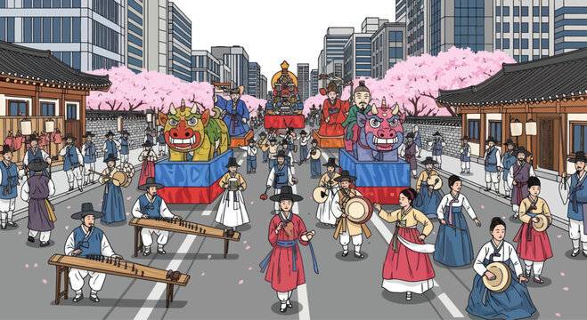 Traditional Korean Parade with Hanbok Dancers and Cherry Blossoms