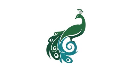 Fototapeta premium A vibrant green peacock spreads its colorful tail feathers in a whimsical illustration.