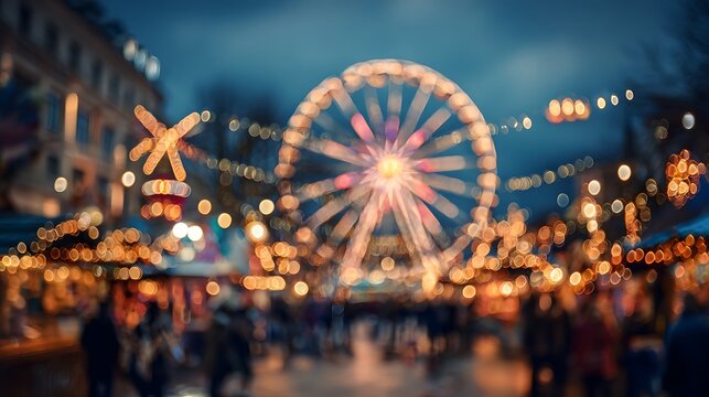 Defocused night scene of a Ferris wheel amidst festive lights and a bustling crowd