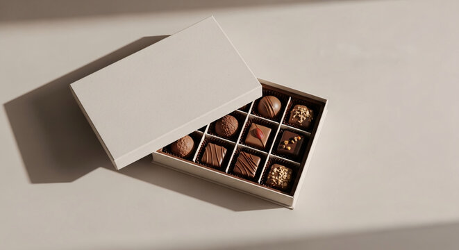 Premium chocolate gift box mockup with assorted pralines in elegant sunlight